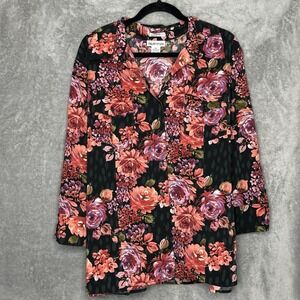 Apparenza 2X Top Shirt Pink Floral Flower 3/4 Sleeve Button Up V Neck Stretch